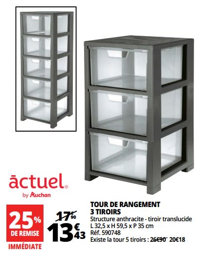 Tour de rangement 10 tiroirs auchan